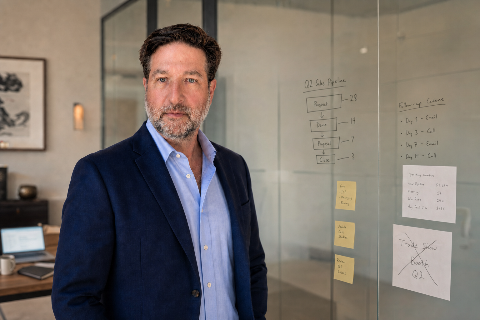 Marco Nicolayevsky standing beside a glass strategy wall with sales pipeline notes