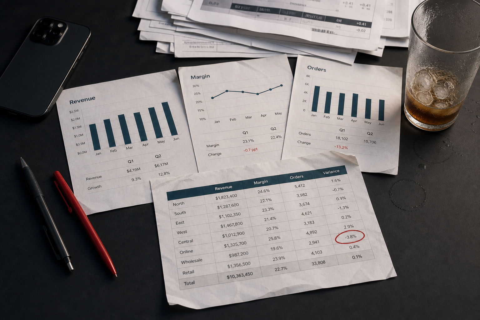 Naturally arranged fictional business reports with a red-circled negative variance, red pen, phone, cold drink, and a stack of reviewed papers